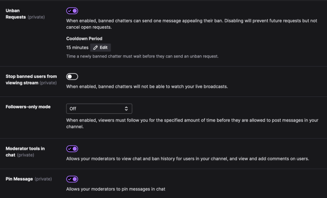 Twitch's moderation settings menu.